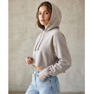 Champion Reverse Weave Cropped Hoodie, Taupe/Mushroom, Womens Size Small